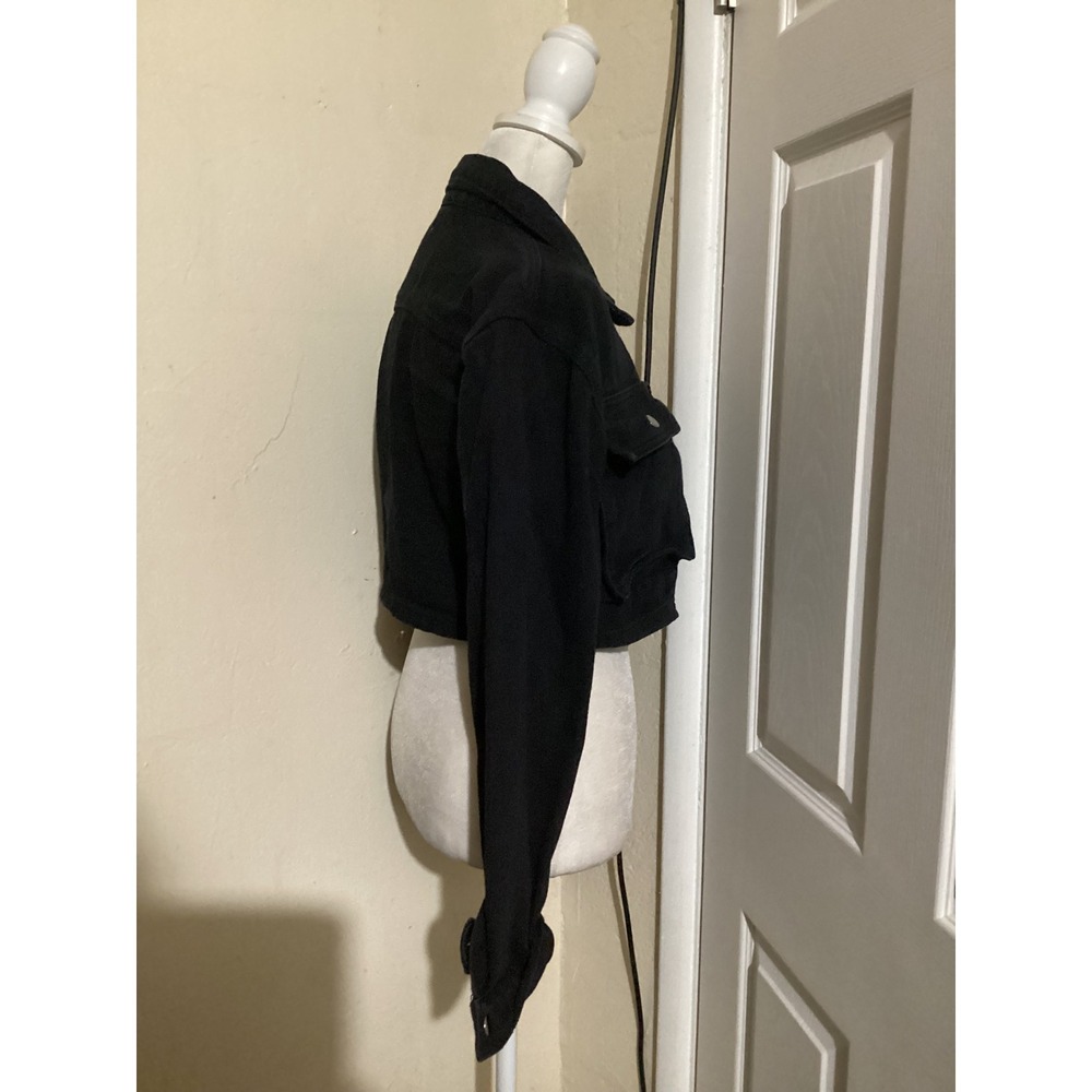 Superdown Black Cropped Denim Jacket Long Sleeve Button Pocket Women's Small - Picture 3 of 6